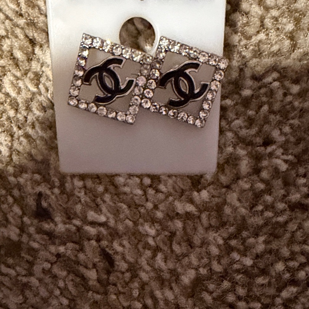 Chanel-Inspired Silver CC Square Stud Earrings with Crystals - Silver